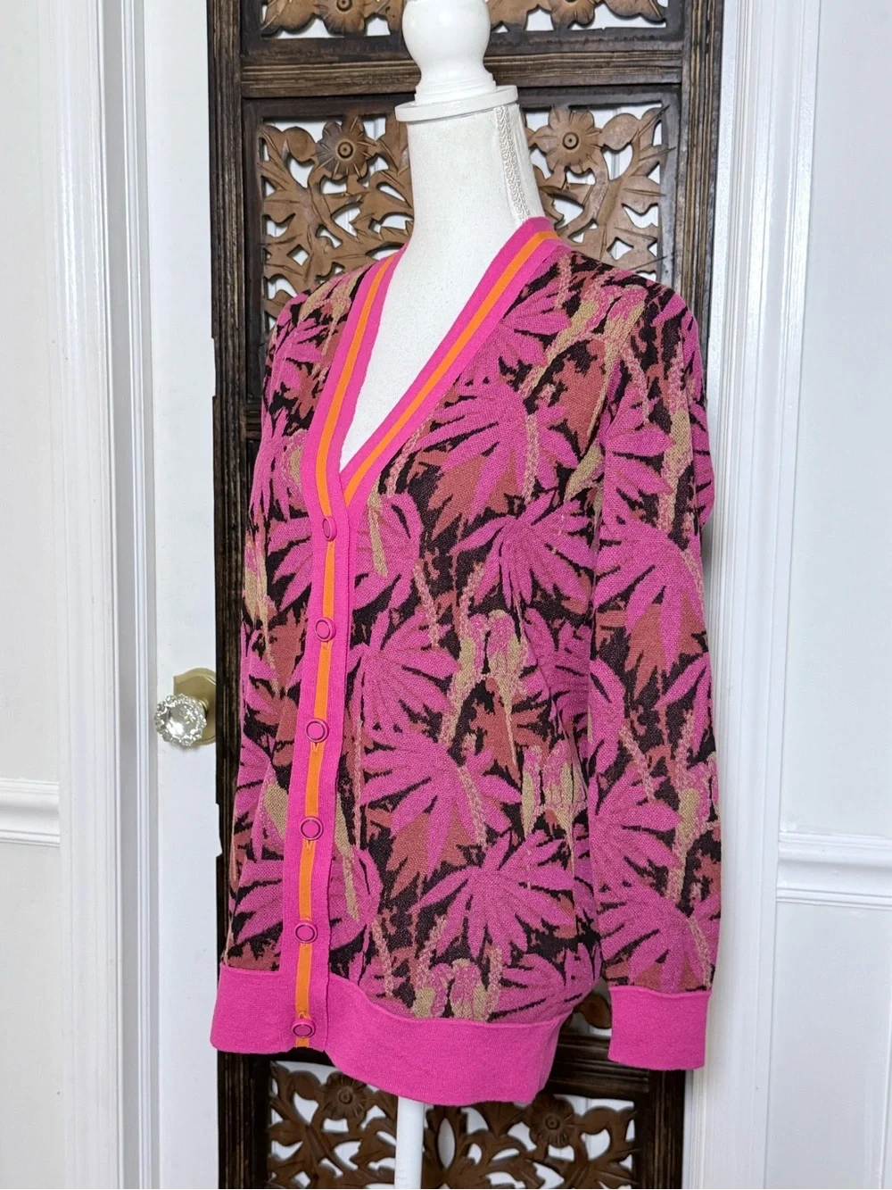 J. Crew Palm Print Boyfriend Cardigan Sweater XXS Pink Tropical Cotton Blend